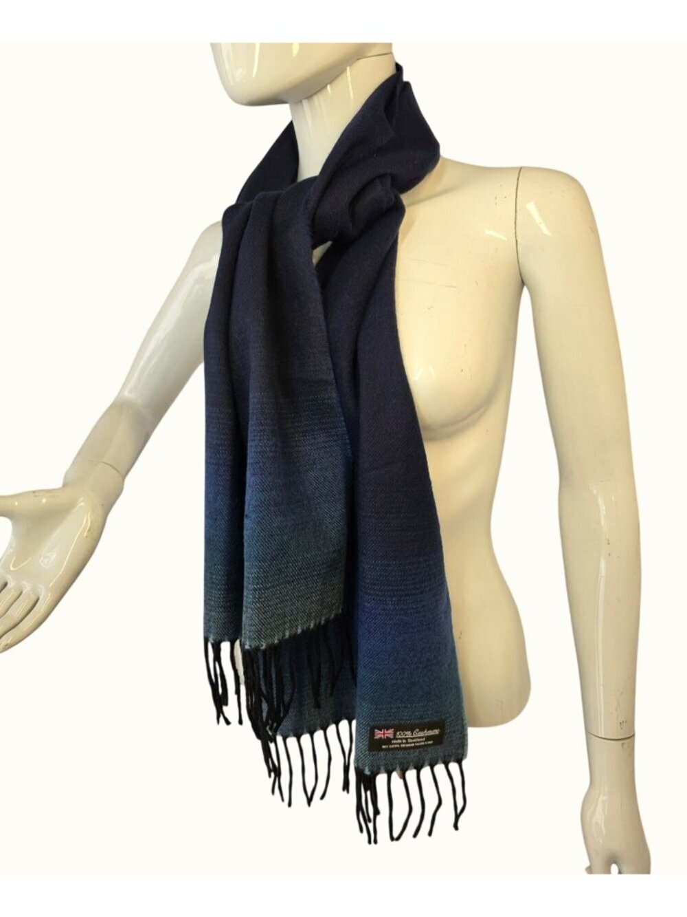 Y2K 100% Cashmere Scarf Scotland Made Navy Blue Ombré Fringed Soft Luxury 64x12